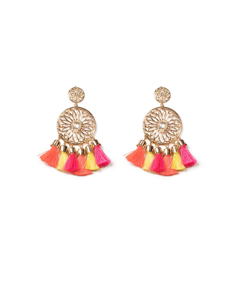 Multi Colour Gold Tone Cut Out Disk Drop Tassel Statement Earrings
