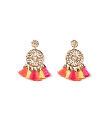 Multi Colour Gold Tone Cut Out Disk Drop Tassel Statement Earrings