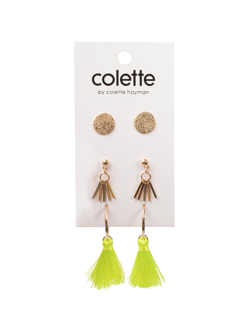 Yellow Gold Tone Disk And Tassel Drop Earring Pack
