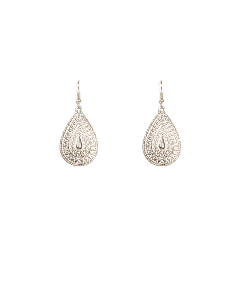 Silver Tone Filigree Stone Teardrop Earrings