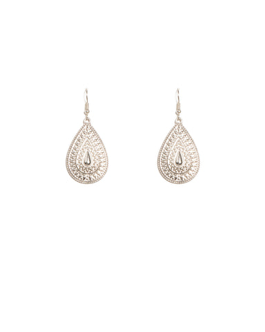 Silver Tone Filigree Stone Teardrop Earrings