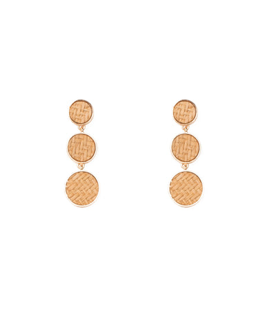 Natural Gold Tone Basket Weave Drop Disk Earrings