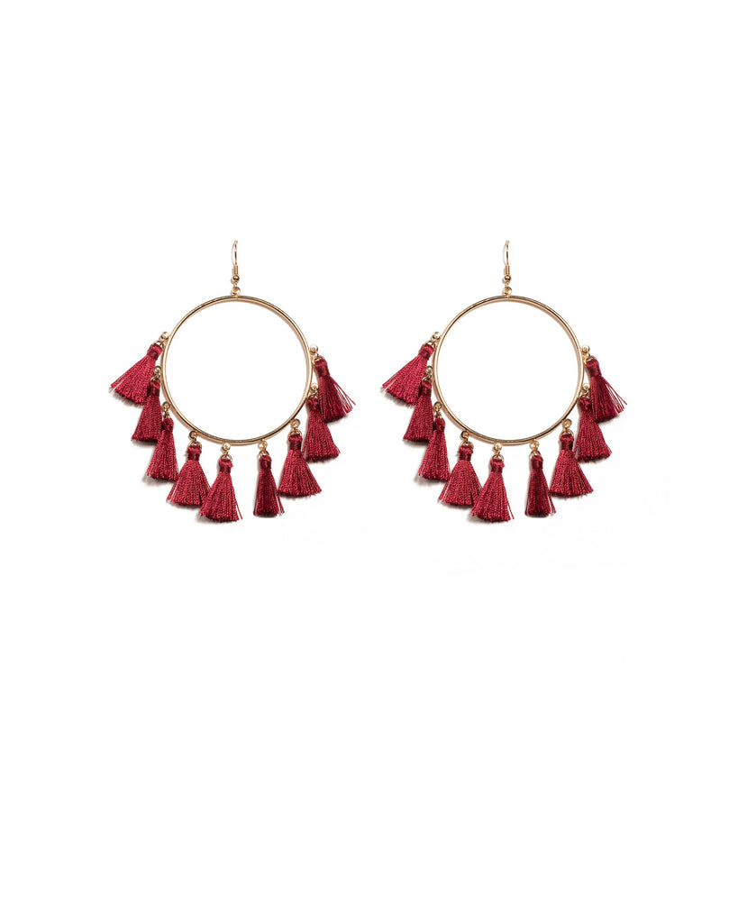 Burgundy Gold Tone Tassel Hoop Earrings