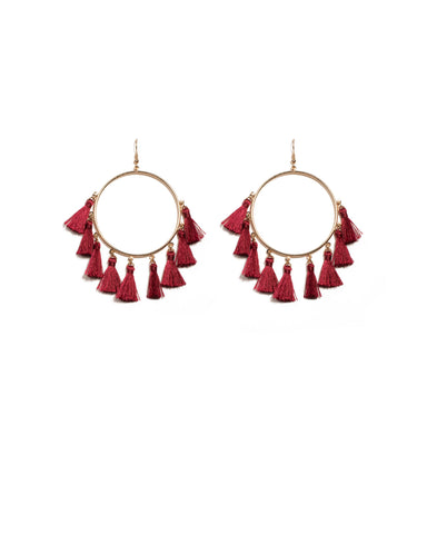 Burgundy Gold Tone Tassel Hoop Earrings