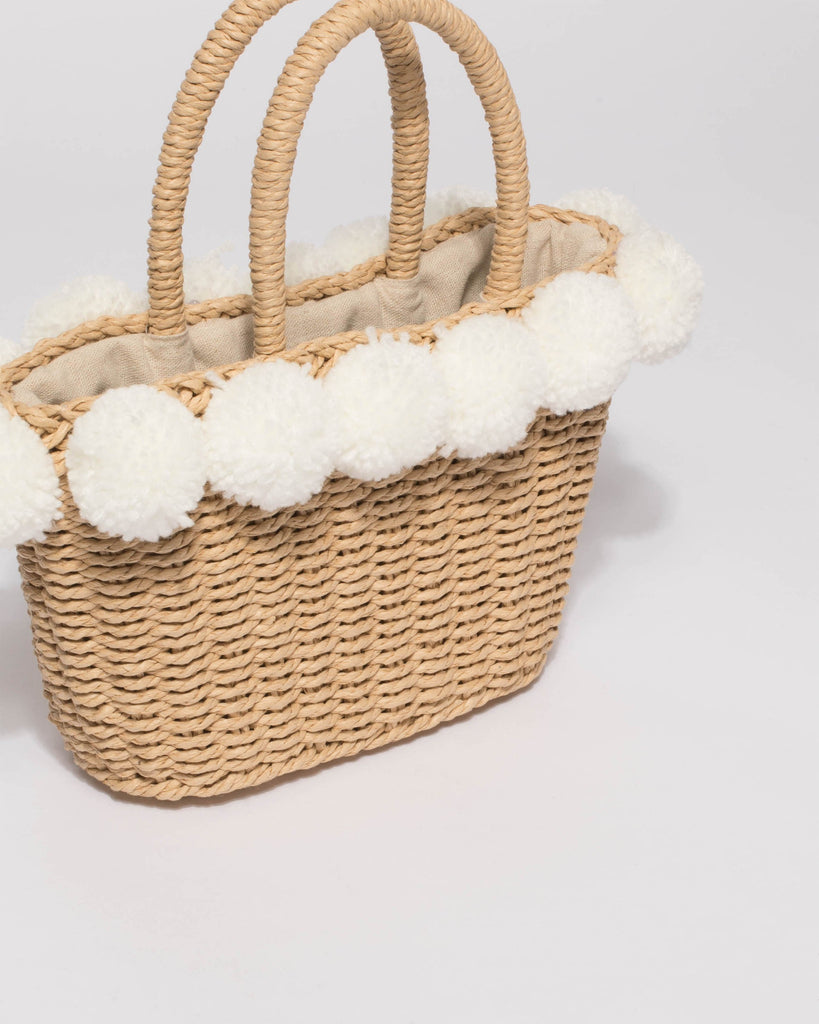 Natural Weave Bella Pom Pom Mini Tote