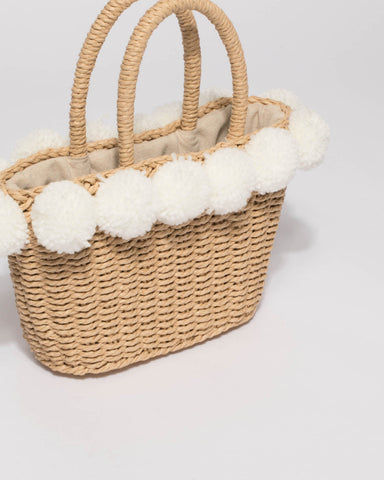 Natural Weave Bella Pom Pom Mini Tote
