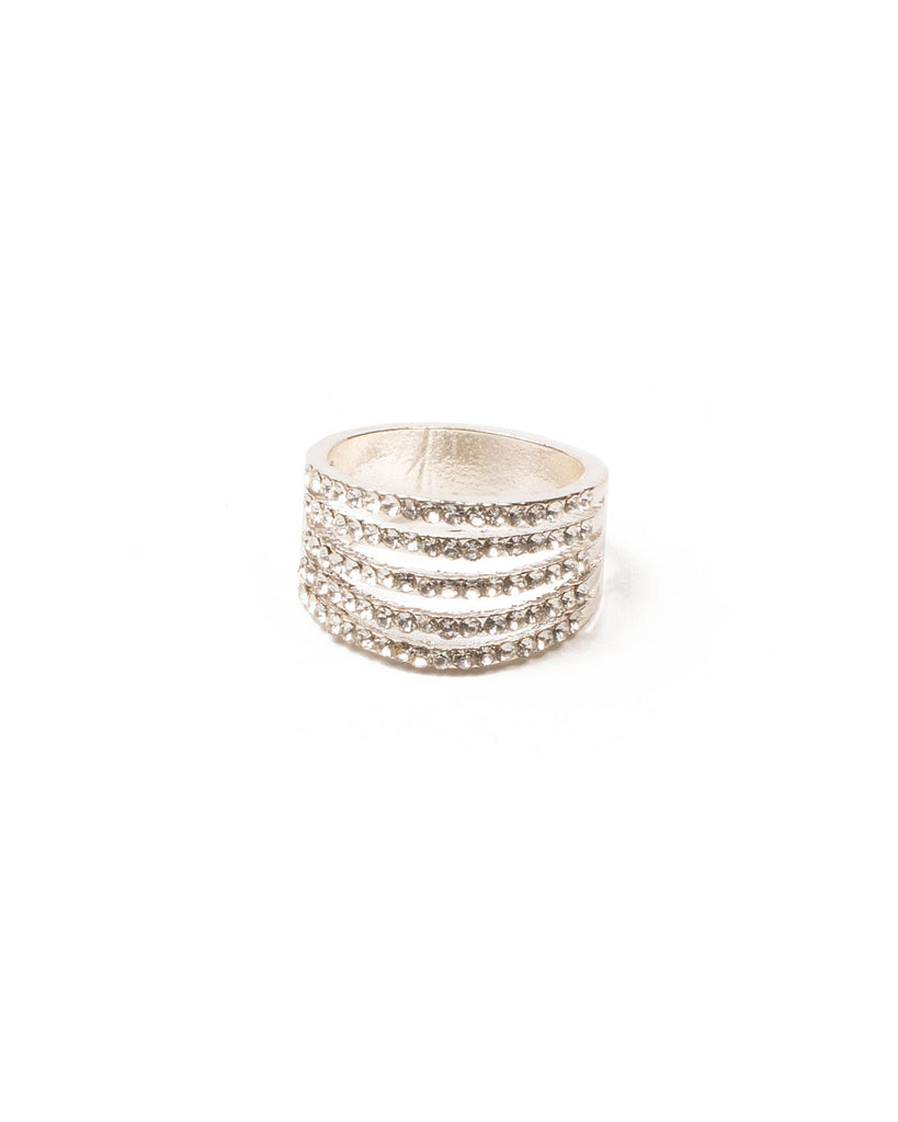 Crystal Silver Tone Diamante Pave Band Ring - Medium