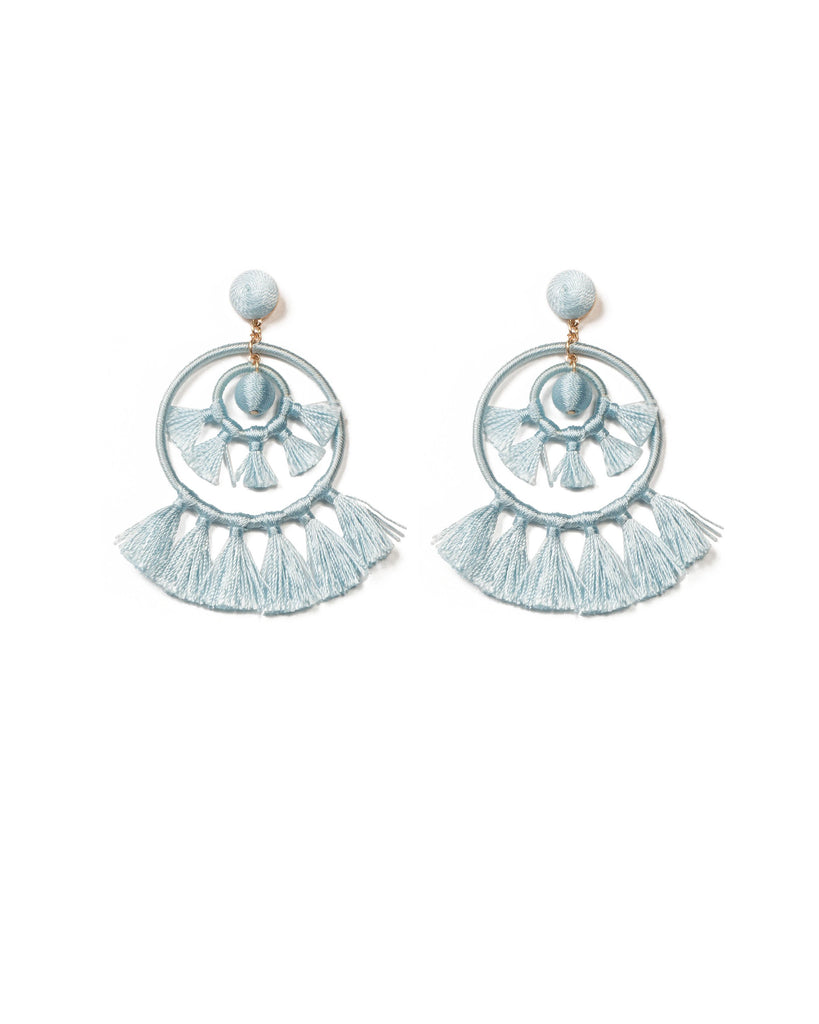 Light Blue Gold Tone Fabric Wrap Tassel Statement Earrings