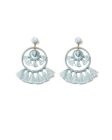 Light Blue Gold Tone Fabric Wrap Tassel Statement Earrings