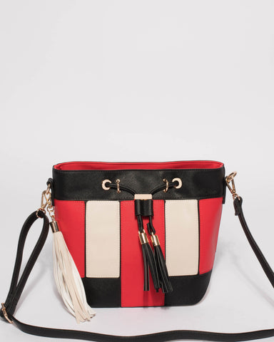 Red Tara Panel Drawstring Bucket Bag
