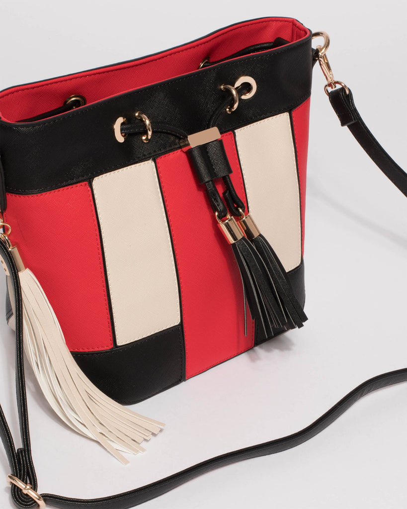 Red Tara Panel Drawstring Bucket Bag