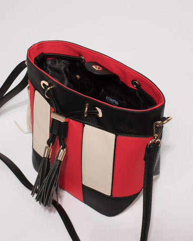 Red Tara Panel Drawstring Bucket Bag