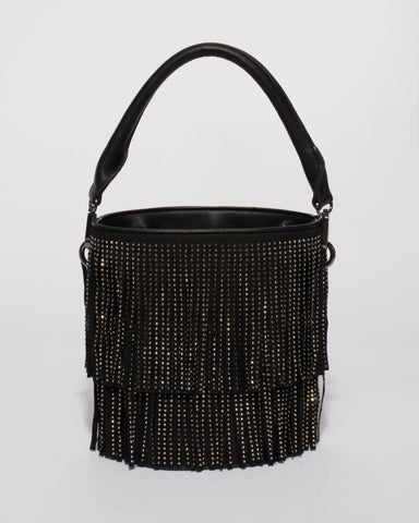 Black Hailey Fringe Bucket Tote Bag