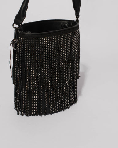 Black Hailey Fringe Bucket Tote Bag