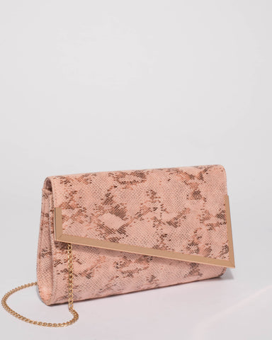 Pink Snake Skin Casey Large Clutch Bag