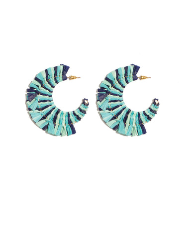 Blue Gold Tone Raffia Side Hoop Statement Earrings