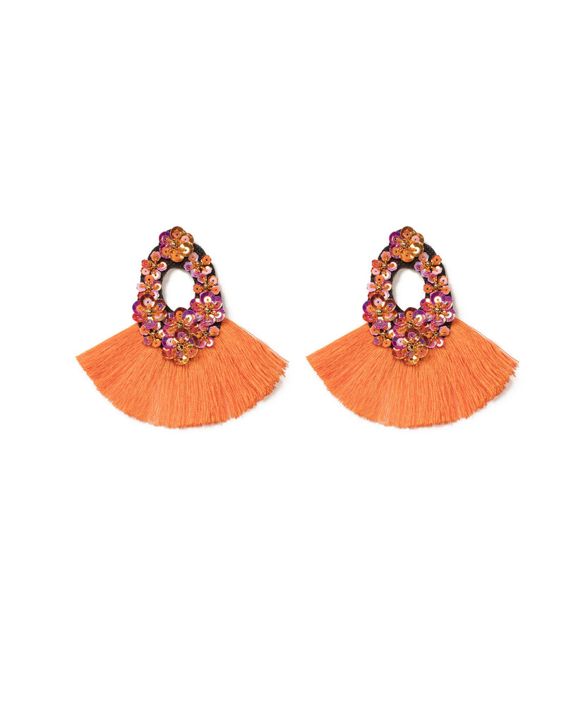 Orange Gold Tone Sequin Drop Tassel Statement Earrings