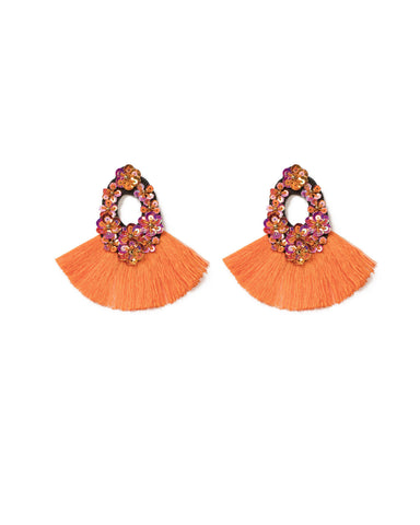 Orange Gold Tone Sequin Drop Tassel Statement Earrings