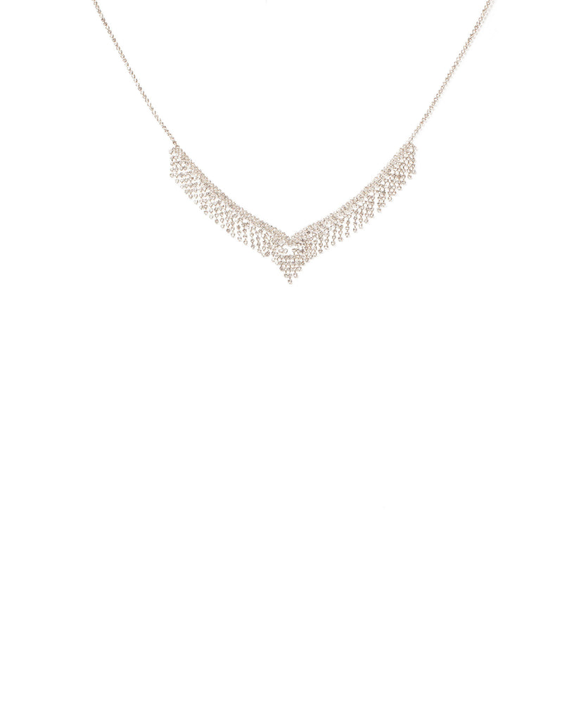 Crystal Silver Tone Diamante Tassel V Necklace