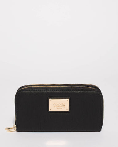 Black Double Zip Around Wallet With Gold Hardware