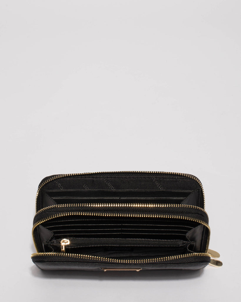 Black Double Zip Around Wallet With Gold Hardware