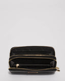 Black Double Zip Around Wallet With Gold Hardware