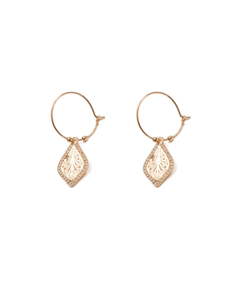 Crystal Gold Tone Mini Hoop With Filigree Pendant Earrings