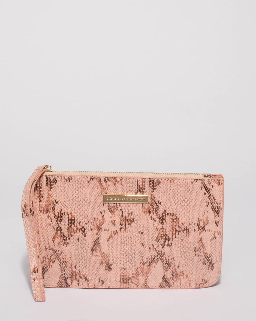 Pink Snake Skin Willow Wristlet Clutch Bag