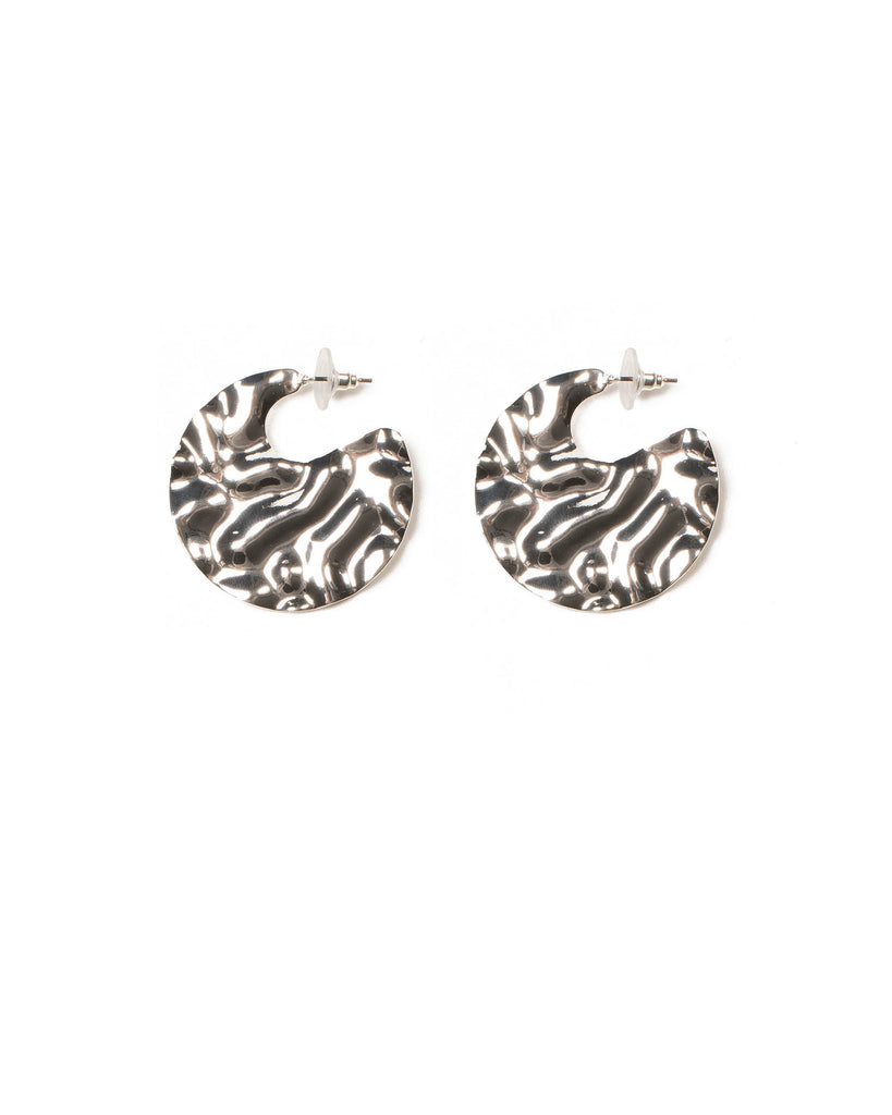 Silver Tone Hammered Metal Disc Hoop Earrings