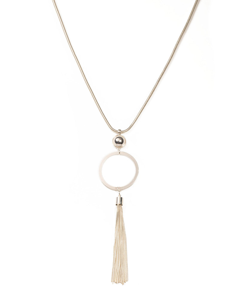 Silver Tone Drop Metal Disc And Tassel Necklace