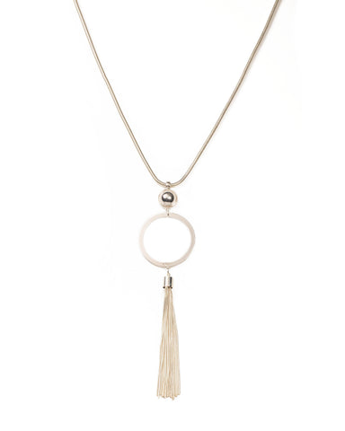 Silver Tone Drop Metal Disc And Tassel Necklace