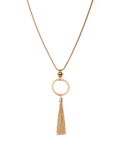 Gold Tone Metal Disk And Tassel Drop Necklace