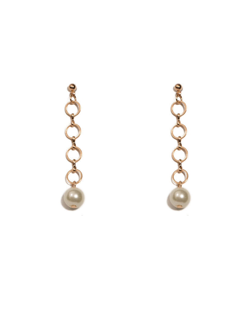 Ivory Gold Tone Metal Link Drop Pearl Earrings