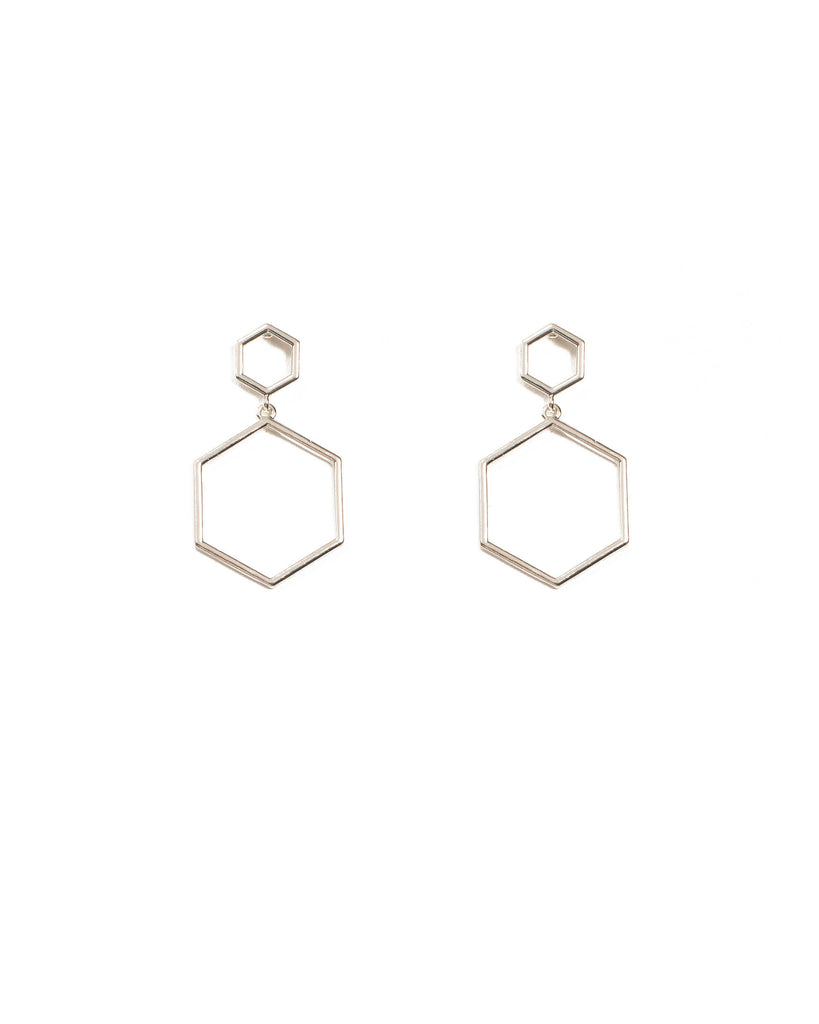 Silver Tone Double Hexagon Drop Earrings