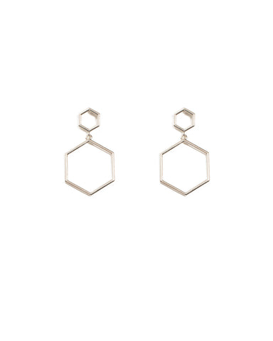 Silver Tone Double Hexagon Drop Earrings