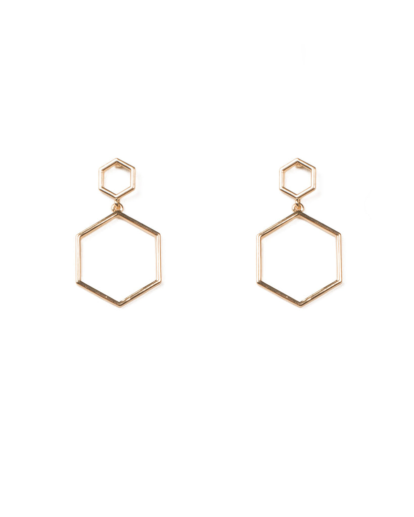 Gold Tone Double Hexagon Drop Earrings