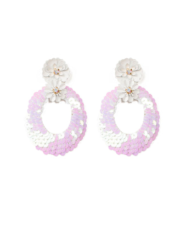 Purple Gold Tone Sequin Flower Statement Earrings