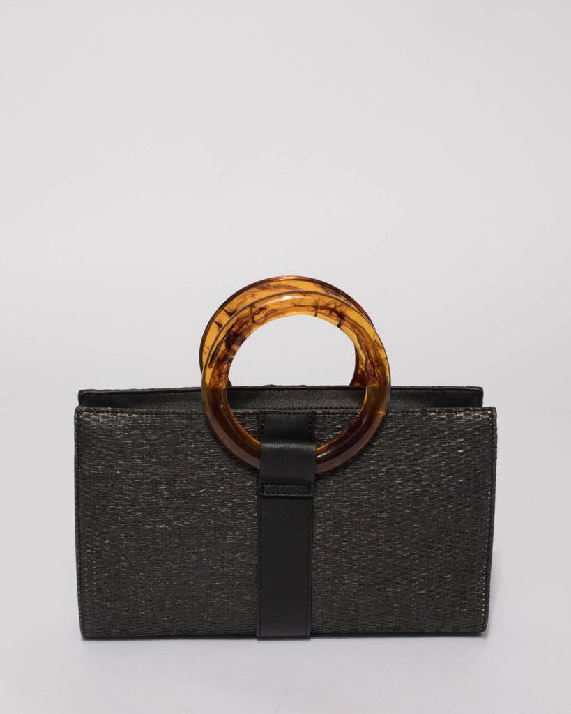 Black Weave Jade Handle Clutch Bag