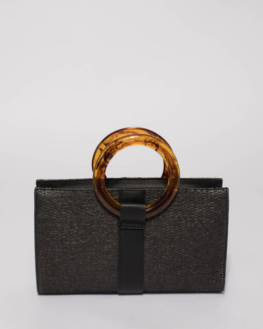 Black Weave Jade Handle Clutch Bag