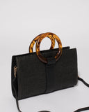 Black Weave Jade Handle Clutch Bag