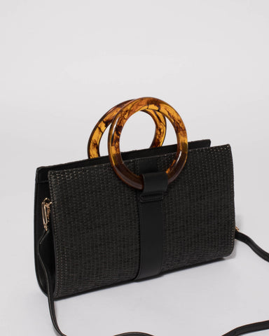 Black Weave Jade Handle Clutch Bag