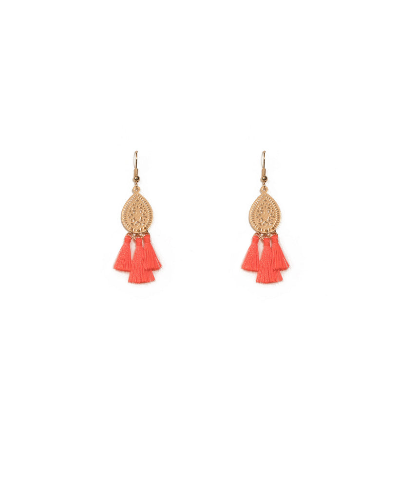 Coral Gold Tone Fine Filigree Tassel Earrings