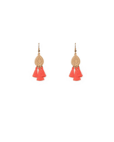 Coral Gold Tone Fine Filigree Tassel Earrings