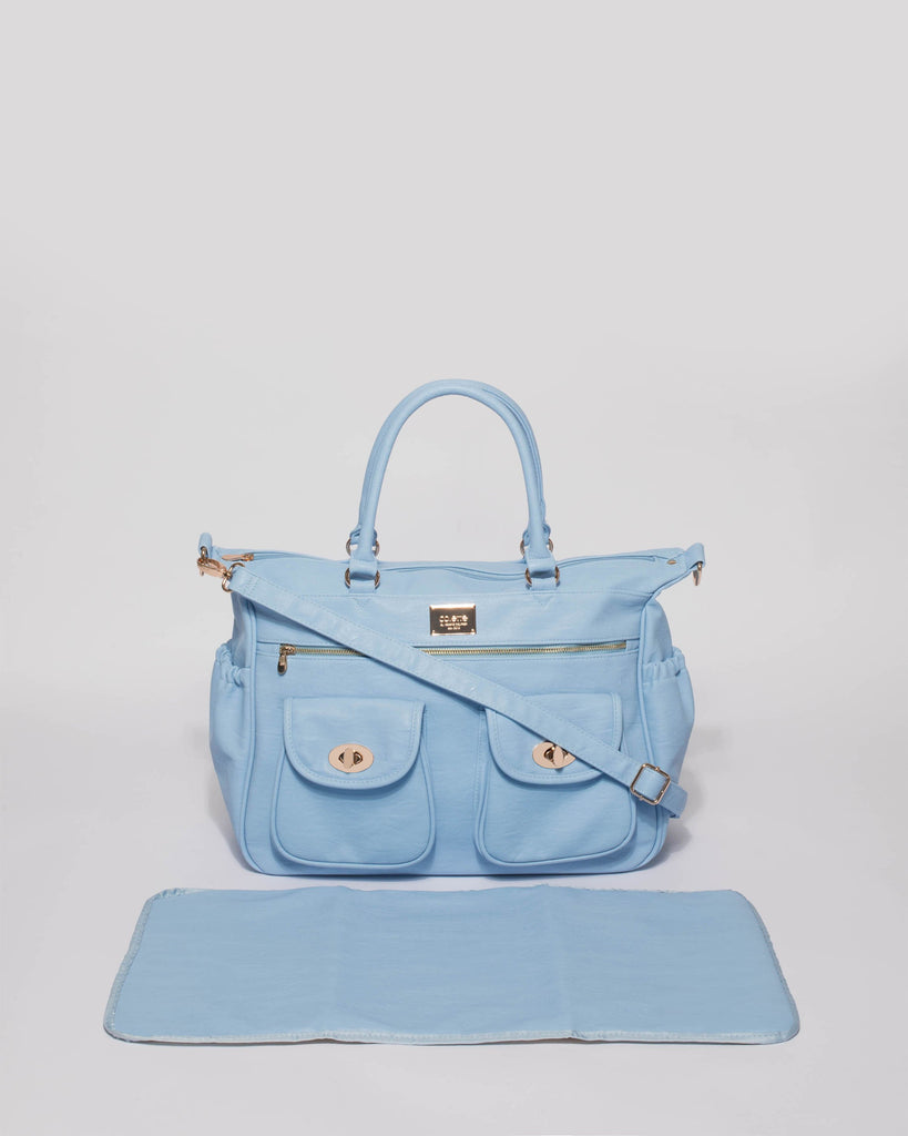 Blue Smooth Baby Travel Bag With Gold Hardware