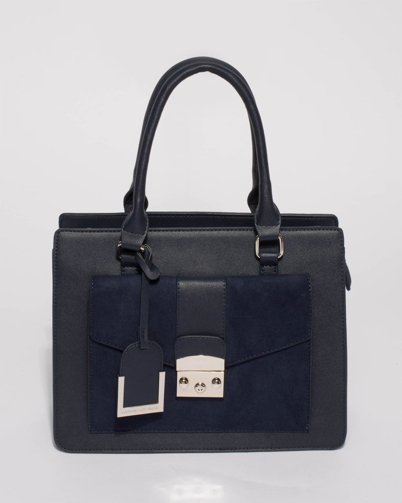 Navy Nicki Lock Medium Tote Bag