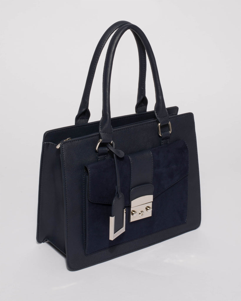 Navy Nicki Lock Medium Tote Bag