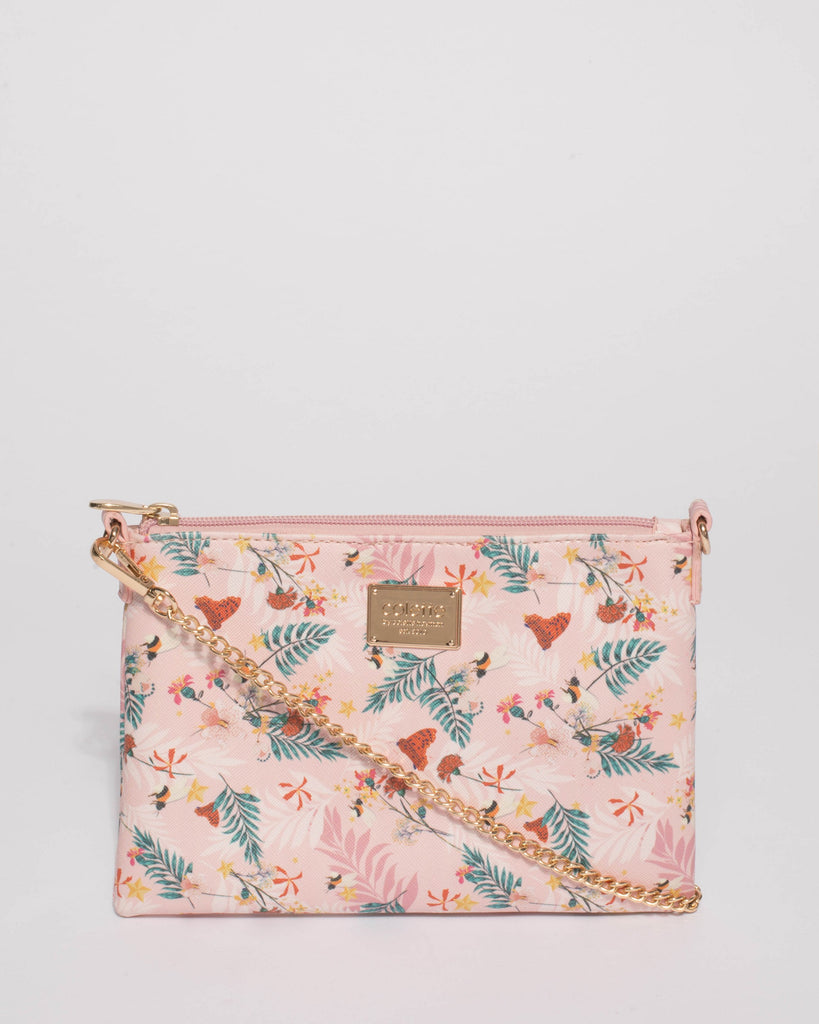 Pink Floral Plain Peta Chain Crossbody Bag