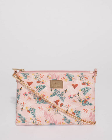 Pink Floral Plain Peta Chain Crossbody Bag