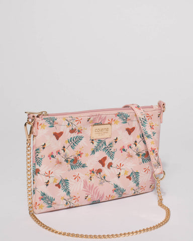 Pink Floral Plain Peta Chain Crossbody Bag