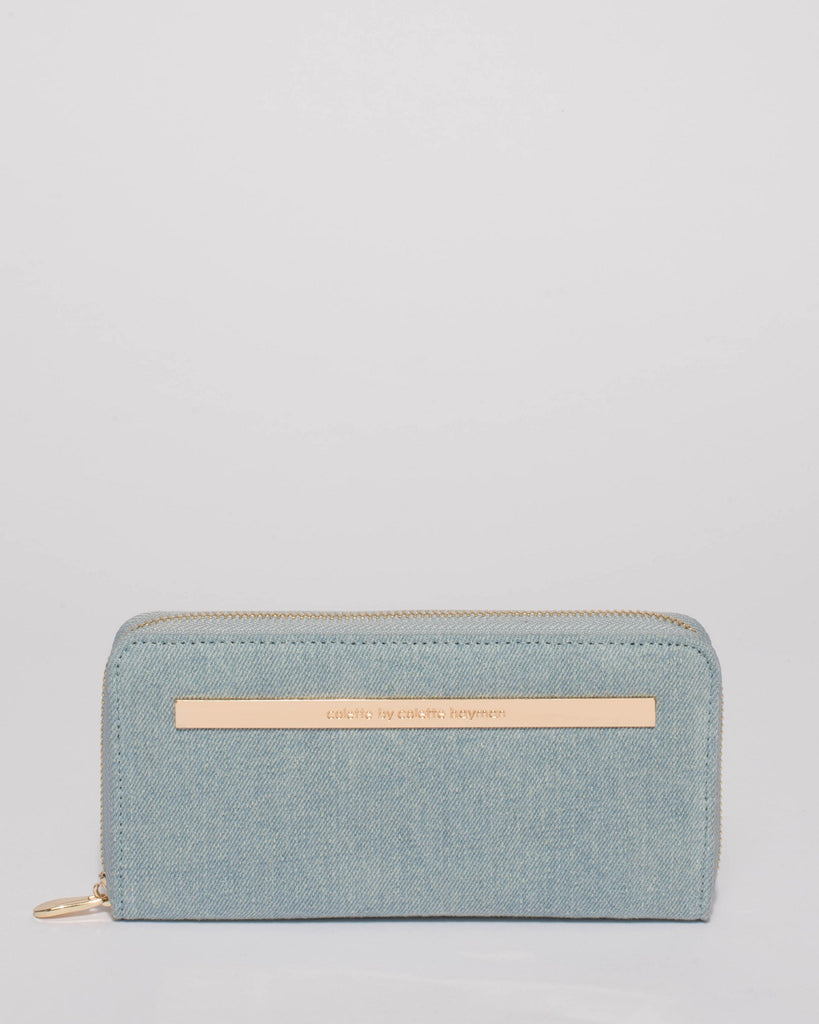 Blue Denim Nina Embossed Plate Zip Around Wallet